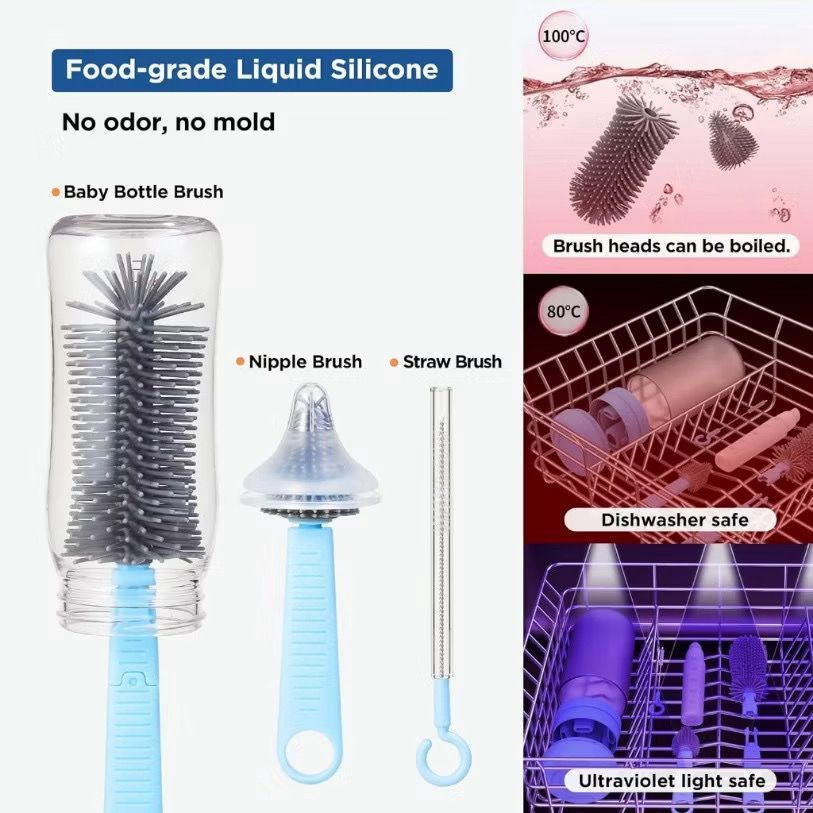 Kit Escova Higiene Lavar 4 em 1 para Copo, Garrafa, Mamadeira Portátil Viagem de Silicone e Suporte