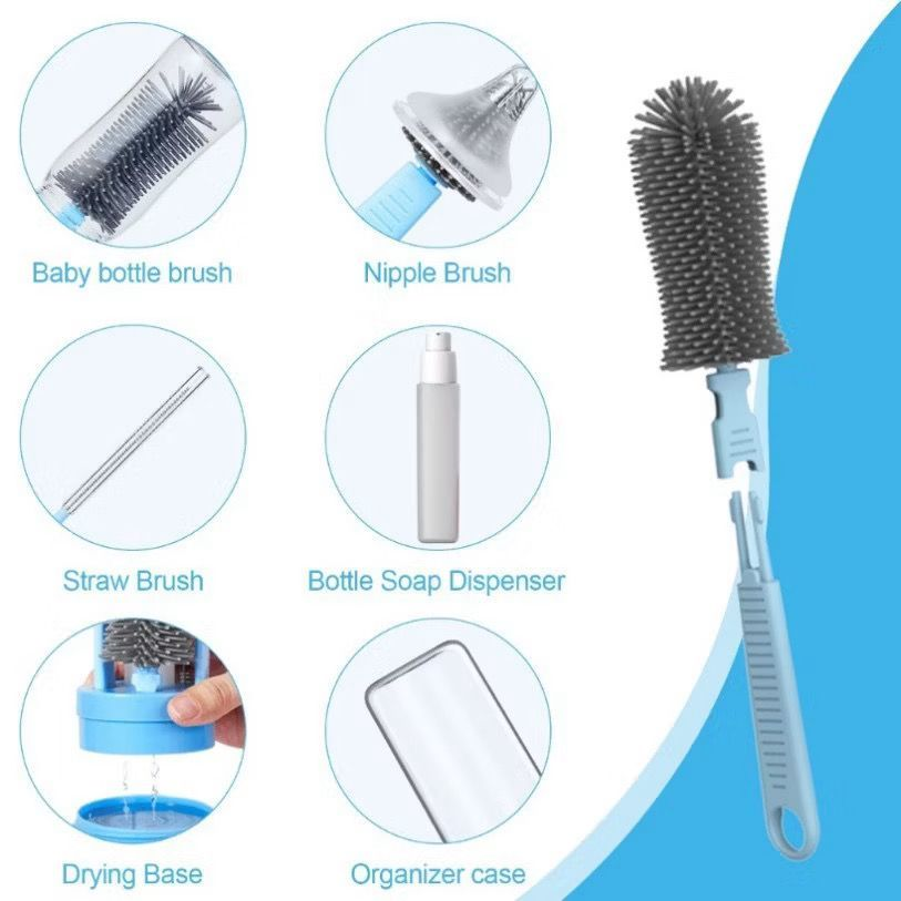 Kit Escova Higiene Lavar 4 em 1 para Copo, Garrafa, Mamadeira Portátil Viagem de Silicone e Suporte