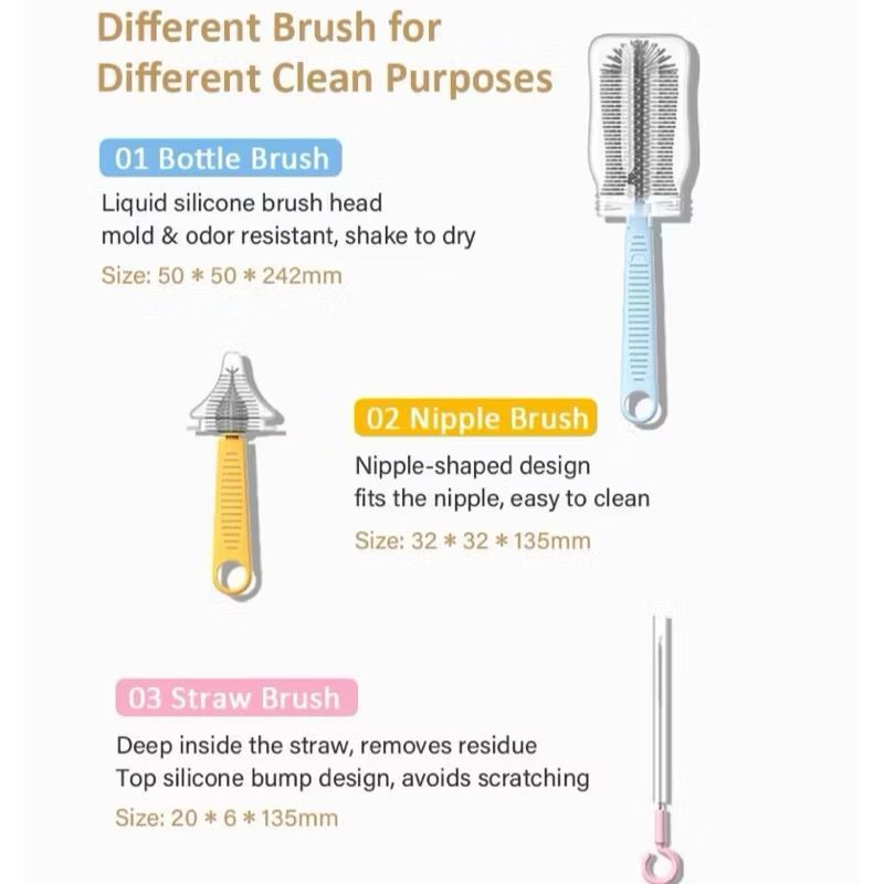 Kit Escova Higiene Lavar 4 em 1 para Copo, Garrafa, Mamadeira Portátil Viagem de Silicone e Suporte